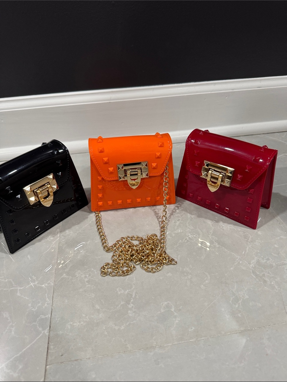 Studded Patent Mini Crossbody Bag - Orange